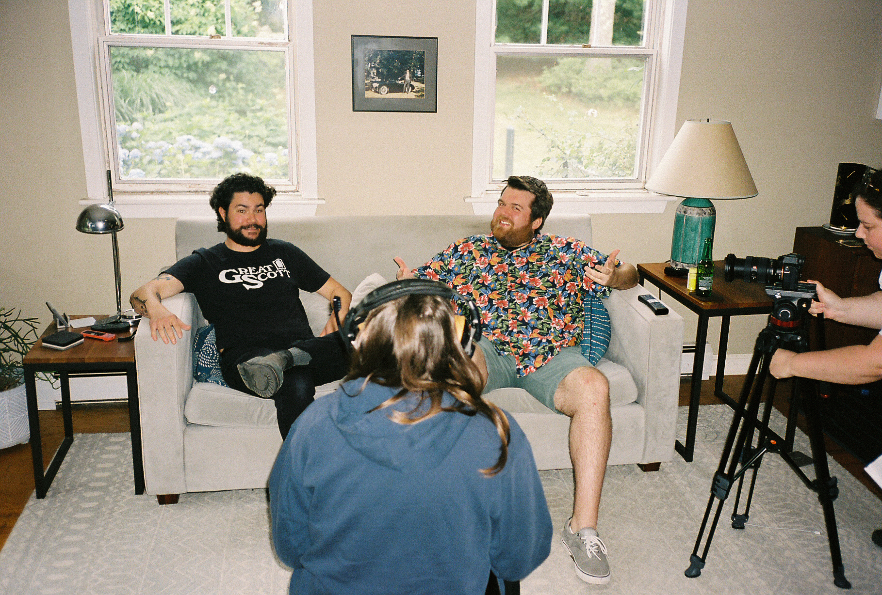 Filming a scene on the couch